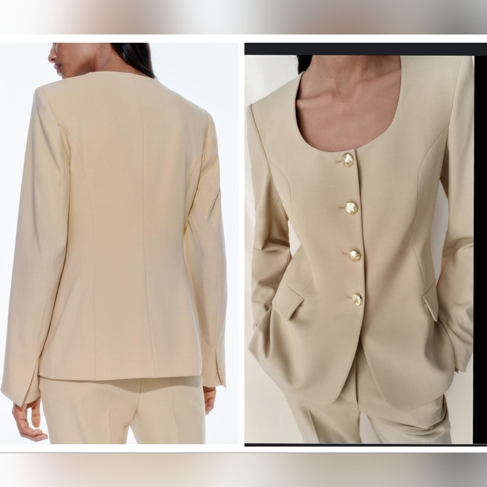 NEW Zara Beige round neck blazer Retro Structured Size XL Tik tok gold buttons - Picture 10 of 11